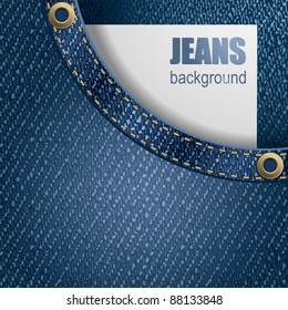 Jeans background. Paper with space for your text peeking out of pocket . Detailed vector illustration.