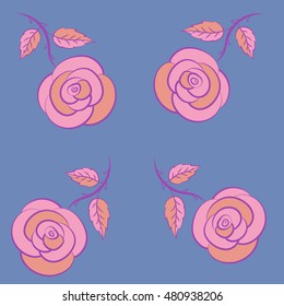 Jeans background with pink, blue and violet rose flowers. Vector stylized roses. Denim floral background. Blue jeans cloth. Denim seamless pattern.