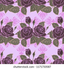 Jeans background with pink, gray and brown rose flowers. Blue jeans cloth. Vector stylized roses. Denim seamless pattern. Denim floral background.
