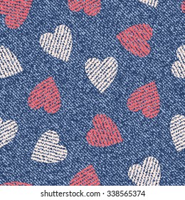 Jeans background with Pink hearts. Vector Denim seamless pattern.