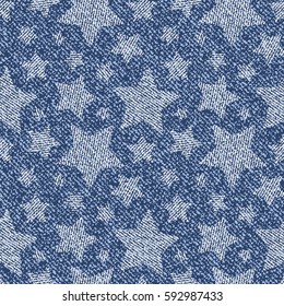 Jeans Background With Stars. Vector Denim Seamless Pattern.