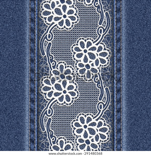 Jeans background with white floral tape. \
Denim fabric texture. Vector\
illustration.