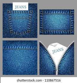 Jeans backgrounds set with zipper, pocket and denim elements