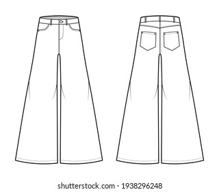 Jeans Baggy Wide Pants Denim Technical Fashion Illustration With Full Length, Low Waist, Rise, 5 Pockets, Rivets, Belt Loops. Flat Bottom Template Front, Back White Color Style. Women, Men, CAD Mockup