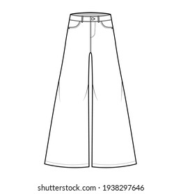 Jeans Baggy wide Pants Denim technical fashion illustration with full length, low waist, rise, 5 pockets, Rivets, belt loops. Flat bottom template front, white color style. Women men unisex CAD mockup