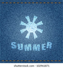 Jeans banner with sun and "summer" text. Vector eps10 illustration.