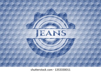Jeans blue badge with geometric pattern background.