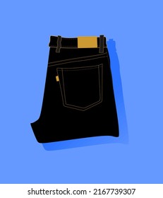 Jeans sind blau, grau, schwarz. Hol Jeans wie auf einem Ladenregal hoch. Trendnähte auf Jeans, Anhänger. Realistische Jeans-Illustration.