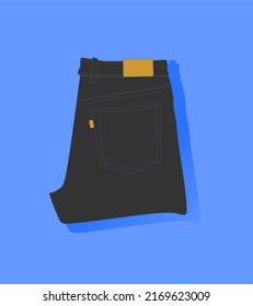 Jeans are blue, grey,black. Rolled up jeans like on a store shelf. Trendy stitching on jeans, tag. Realistic jeans illustration.