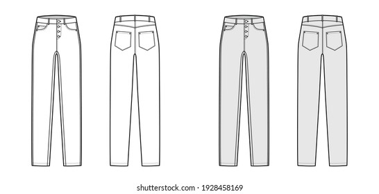 Jeans botton fly tapered Denim pants technical fashion illustration with full length, low waist, rise, 5 pockets. Flat bottom template front, back, white grey color style. Women men, unisex CAD mockup