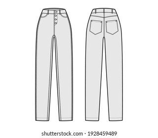Jeans botton fly tapered Denim pants technical fashion illustration with full length, normal waist, rise, 5 pockets, Rivets. Flat template front, back, grey color style. Women, men, unisex CAD mockup