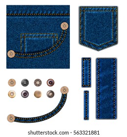 Jeans and buttons. vector illustration set. Blue denim background with pocket, metal snaps collection and texture border elements. isolated over white.