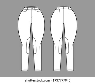 Jeans Classic Jodhpurs Denim pants technical fashion illustration with normal waist, high rise, pockets, belt loops. Flat bottom apparel template front white, grey color style. Women, men, unisex CAD