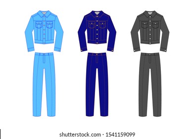 Jeans clothes. Classic Jean jacket, vest different color. A set of jeans clothes from trousers and a jacket. Vector illustration.