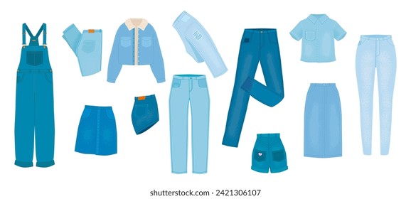 Jeans-Kleidung. Denim Hose und Hemd, Hosen und Rock. Einziger Cartoon blauer Freizeitkleidung. Stilvolle Outfits, Jacken und jean, schmutzige Vektorgrafik-Kollektion