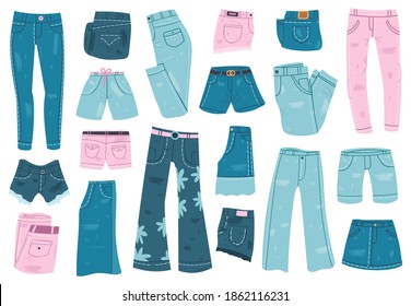 Jeans clothes. Denim trousers, shorts and skirt, blue jeans unisex apparel. Stylish casual denim garments vector illustration set. Trendy clothing, basic outfit objects for man and woman