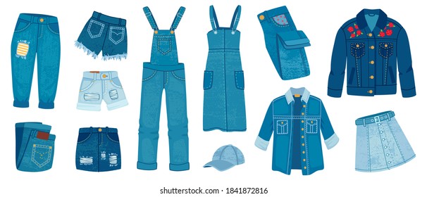 Jeans clothes. Ripped denim casual fashion. Cartoon trendy jean jacket, pants and shorts, skirts and dress. Blue outfit models, vector set. Illustration garment trendy model, wear fabric model denim