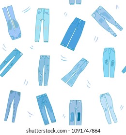 Jeans clothes seamless pattern with funny style. Vector graphic illustration