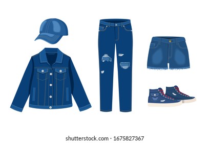 Jeans clothing collection. Denim cap, jacket, shorts and sneakers.  Trendy fashion ripped denim casual clothes vector illustration, jeans outfit garments models isolated on white background