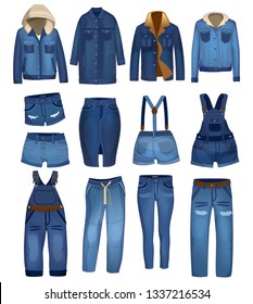 Jeans clothing collection with ripped details. Dark Blue denim jeans, shorts and jackets fits and styles. Vector jeans clothing.