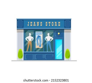 Jeans clothing shop building storefront. City street store, mens clothing shop classic, retro design showcase with mannequin or dummy in jeans pants. Local business commercial property building