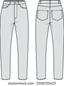 Calça Jeans Feminina, Jaqueta Denim, Ilustração de Moda Vetorial de Vista Frontal e Traseira, CAD, Desenho Técnico, Desenho Plano, Montagem, Modelo.