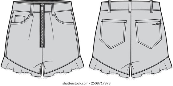 Calça Jeans Feminina, Jaqueta Denim, Ilustração de Moda Vetorial de Vista Frontal e Traseira, CAD, Desenho Técnico, Desenho Plano, Montagem, Modelo.