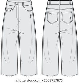 Calça Jeans Feminina, Jaqueta Denim, Ilustração de Moda Vetorial de Vista Frontal e Traseira, CAD, Desenho Técnico, Desenho Plano, Montagem, Modelo.