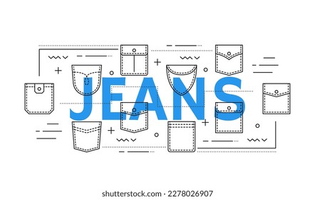 Jeans denim und Jackentaschen aus Hosen oder Hemdnahtmuster, Vektorsymbole. Bekleidung und Tragen Taschenformen, Jeans Denim und Jackentaschen mit Heftknöpfen und Nähknöpfen