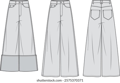 Women’s  Jeans, Denim pants, Front and Back View Vector Fashion Illustration , CAD, Technical Drawing, Flat Drawing, Mockup, Template.