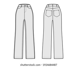 Jeans Denim pants technical fashion illustration with full length and normal rise waist, 5 pockets with Rivets and belt loops. Flat bottom template front, back grey color style. Women CAD mockup