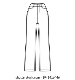 Jeans Denim pants technical fashion illustration with full length, normal waist, high rise, 5 pockets, Rivets, belt loops. Flat bottom template front, white, color style. Women, men, unisex CAD mockup