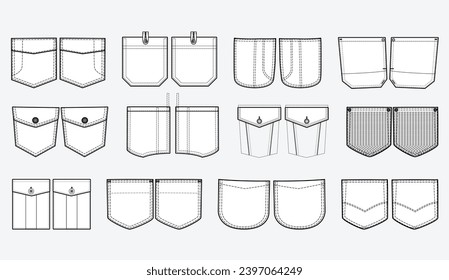 Jeans and denim Patch pocket flat sketch vector illustration set, different types of Clothing Pockets for jeans pocket, sleeve arm, cargo pants, dresses, bag, garments, Clothing and Accessories svg