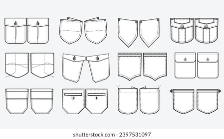 Jeans and denim Patch pocket flat sketch vector illustration set, different types of Clothing Pockets for jeans pocket, sleeve arm, cargo pants, dresses, bag, garments, Clothing and Accessories svg