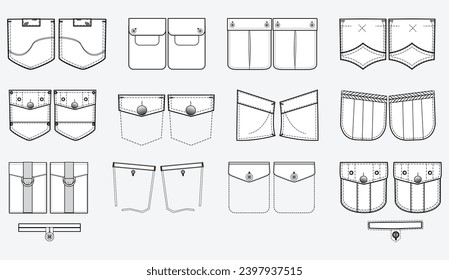 Jeans and denim Patch pocket flat sketch vector illustration set, different types of Clothing Pockets for jeans pocket, sleeve arm, cargo pants, dresses, bag, garments, Clothing and Accessories