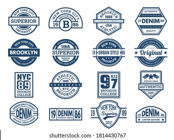 Jeans emblems. Vintage typography labels urban style wear patches sport banners embroidery vector collection