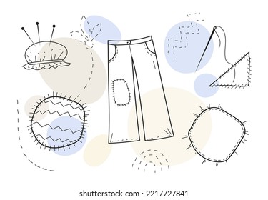 jeans with fabric stripesMending clothes.Vector doodle hand drawn set of sewing cloth patches.
