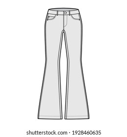 Los jeans se encendieron abajo Denim pantalones ilustración de moda técnica con longitud completa, cintura baja, alza, 5 bolsillos, Rivets. Delantera de la plantilla de ropa plana inferior, estilo de color gris. Mujeres, hombres, maquillaje de CAD unisex