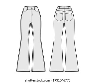 Jeans flared bottom Denim pants technical fashion illustration with full length, normal waist, high rise, 5 pockets. Flat bottom apparel template front back grey color. Women, men, unisex CAD mockup