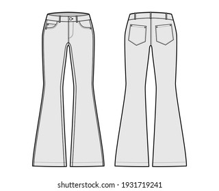 Jeans flared bottom Denim pants technical fashion illustration with full length, low waist, rise, 5 pockets, Rivets. Flat bottom template front back, grey color style. Women, men, unisex CAD mockup