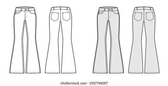 Jeans flared bottom Denim pants technical fashion illustration with full length, low waist, rise, 5 pockets. Flat bottom apparel template front back, white, grey color. Women, men, unisex CAD mockup