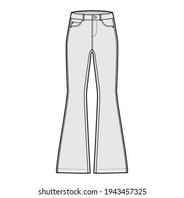 Jeans flared bottom Denim pants technical fashion illustration with full length, low waist, 5 pockets, Rivets. Flat bottom apparel template front, grey color style. Women, men, unisex CAD mockup