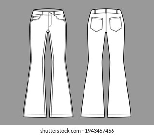 Jeans flared bottom Denim pants technical fashion illustration with full length, low waist, rise, 5 pockets, Rivets. Flat bottom apparel template front back, white color style. Women, men, CAD mockup