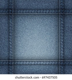 Jeans frame with blue stitches on blue jeans background.