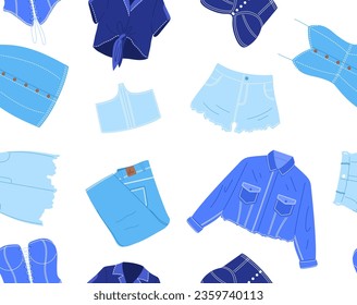 Jeans garments seamless pattern concept. Repeating design element for printing on fabric. Shorts, jeans and jacket. Casual and trendy outfit. Fashion and style. Cartoon flat vector illustration