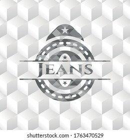 Jeans grey emblem. Retro with geometric cube white background. 