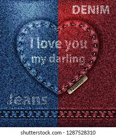 Jeans heart greeting card, I love you Valentine red blue vector