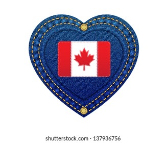 Jeans heart leather label flag of Canada denim background.Vector