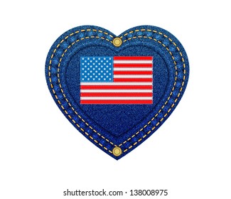 Jeans heart leather label flag of USA denim background.Vector