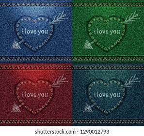 Jeans heart pierced with arrow, I love You, color collection, texture fabric denim, blue green red petroleum vector